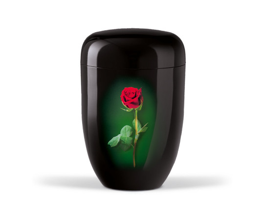 Naturstoffurne, Schwarz, Stielrose foliert, mit Airbrush hinterlegt
