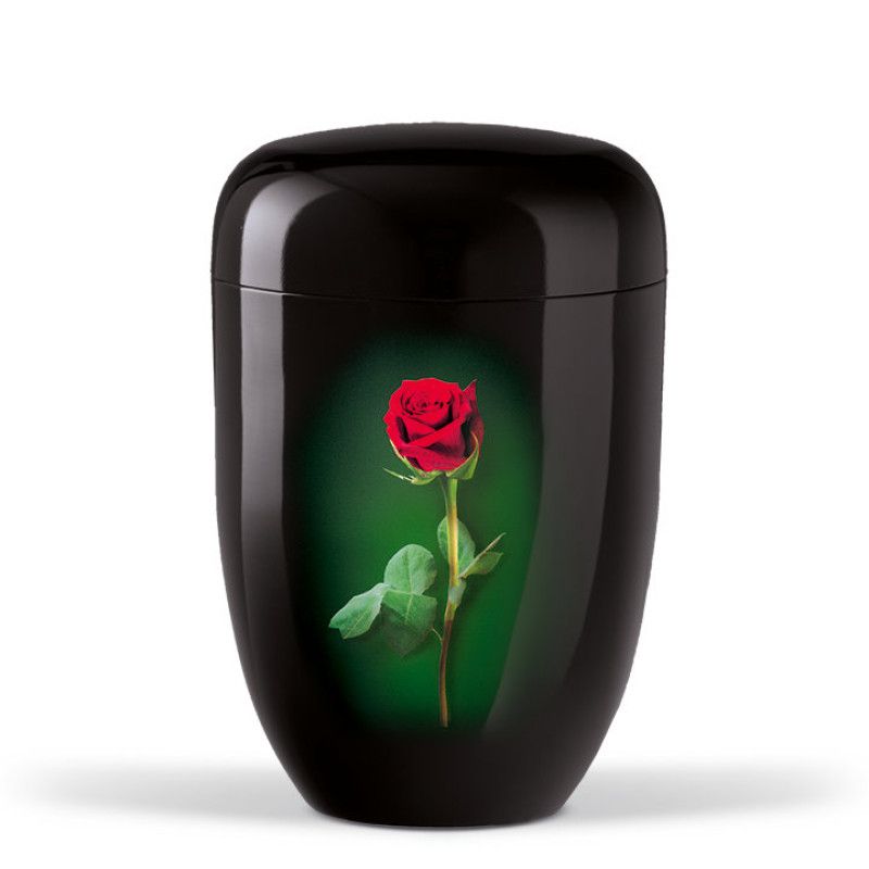 Naturstoffurne in Schwarz mit folierter Stielrose, die auf einem grünen Airbrush-Hintergrund dargestellt ist; Gesamtansicht der Urne.