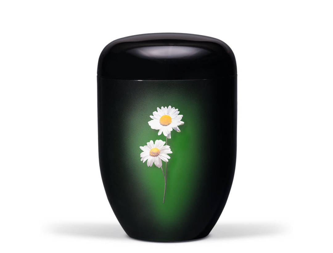 Naturstoffurne, Schwarz, Margerite foliert, mit Airbrush hinterlegt