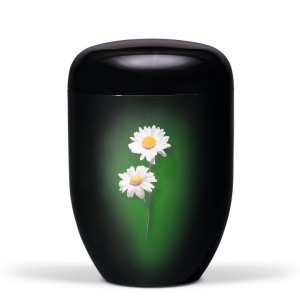Naturstoffurne, Schwarz, Margerite foliert, mit Airbrush hinterlegt