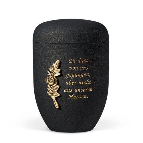 Die grau anthrazitfarbene Naturstoffurne mit antikem Design hat eine ovale Form, eine goldene Rosenbund-Dekoration und eine Inschrift auf der Vorderseite.