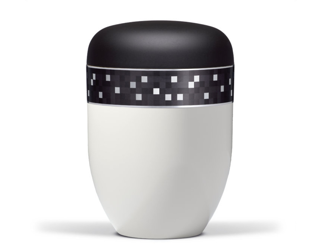 Naturstoffurne, Korpus Cremeweiß Deckel Anthrazit Velours, Dekorband: Silber/Grau kariert