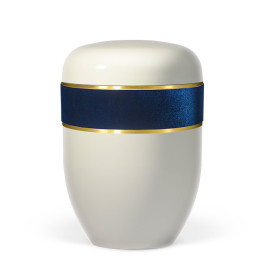 Naturstoffurne, Cremeweiß, Samtband Dunkelblau Goldband gebürstet