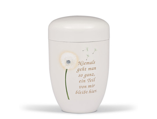 Naturstoffurne, Cremeweiß, Airbrush Pusteblume, Trauertext Nr. 4