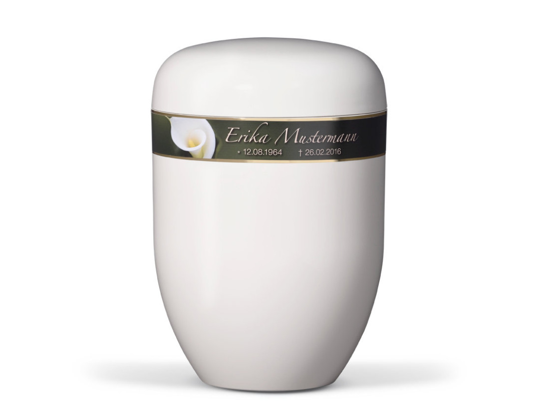 Naturstoffurne, Cremeweiß, Dekorband: Calla + Persönliche Sterbedaten