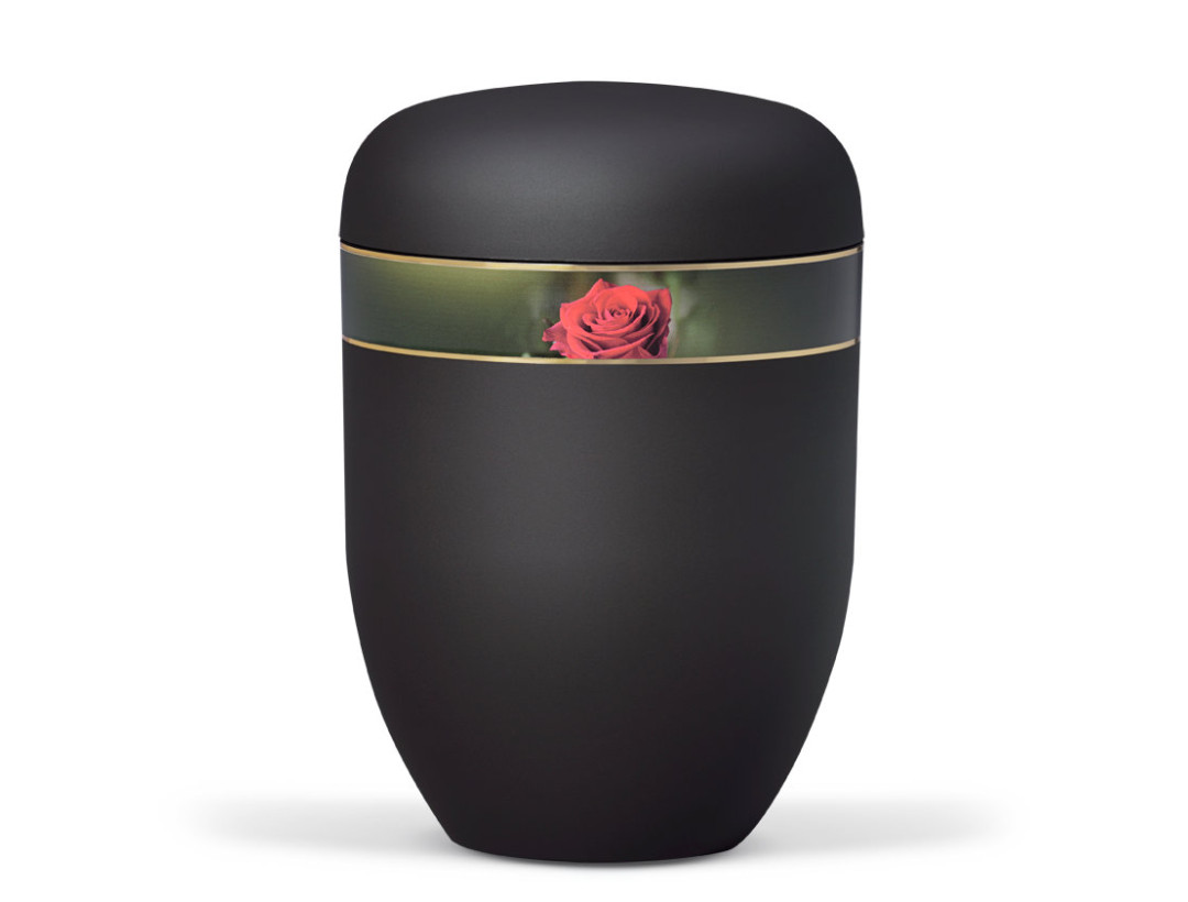 Naturstoffurne, Anthrazit Velours Dekorband: Rosenblüte