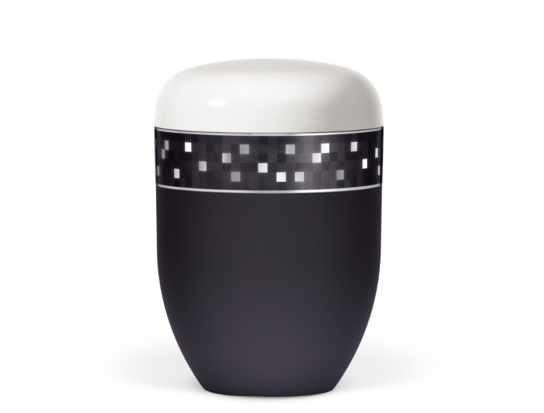 Naturstoffurne, Korpus Anthrazit Velours Deckel Cremeweiß, Dekorband: Silber/Grau kariert