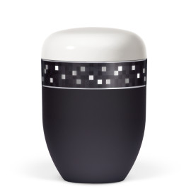 Naturstoffurne, Korpus Anthrazit Velours Deckel Cremeweiß, Dekorband: Silber/Grau kariert