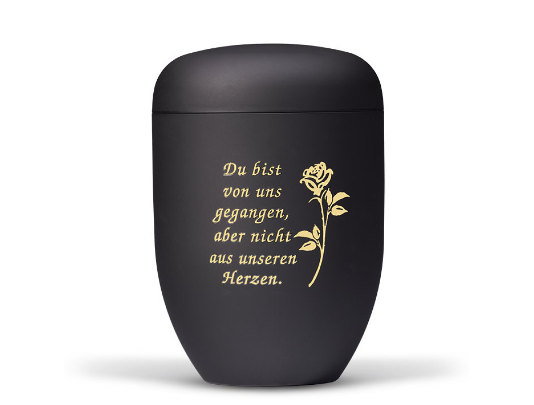 Naturstoffurne, Anthrazit Velours Rose Foliendekor, Trauertext Nr. 2