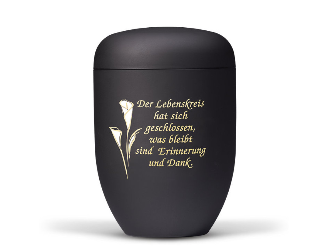 Naturstoffurne, Anthrazit Velours Calla Gold / Weiß Foliendekor, Trauertext Nr. 1