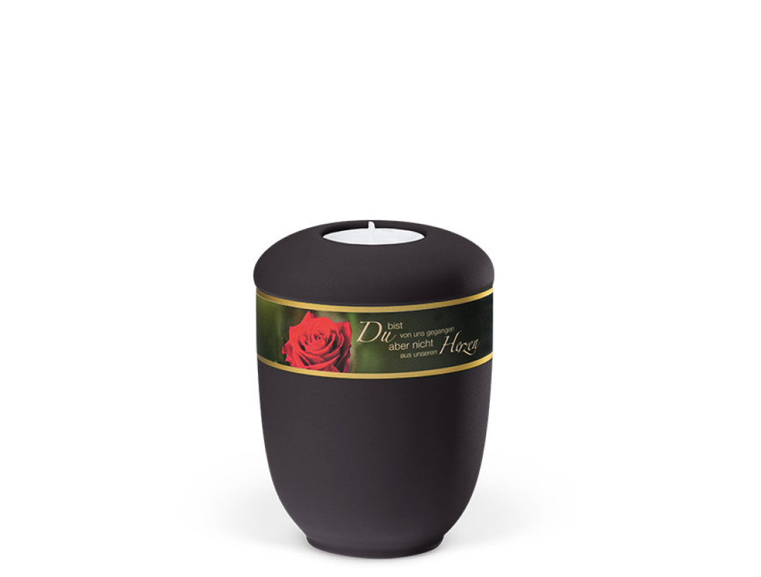 Keramik, Anthrazit Velours Dekorband: Rosenblüte+Trauert.2 Gedenkurne mit Teelicht