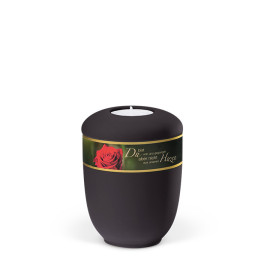 Keramik, Anthrazit Velours Dekorband: Rosenblüte+Trauert.2 Gedenkurne mit Teelicht