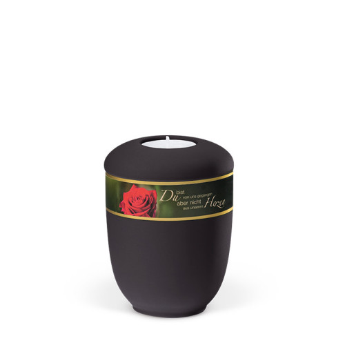 Gedenkurne aus Keramik in Anthrazit mit einem dekorativen Band in Grün und Gold, das eine Rosenblüte und den Schriftzug „Du bist von uns gegangen“ zeigt, inklusive Teelicht.