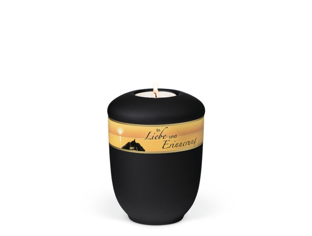Keramik, Anthrazit Velours Dekorband: Trauertext 12 Gedenkurne mit Teelicht