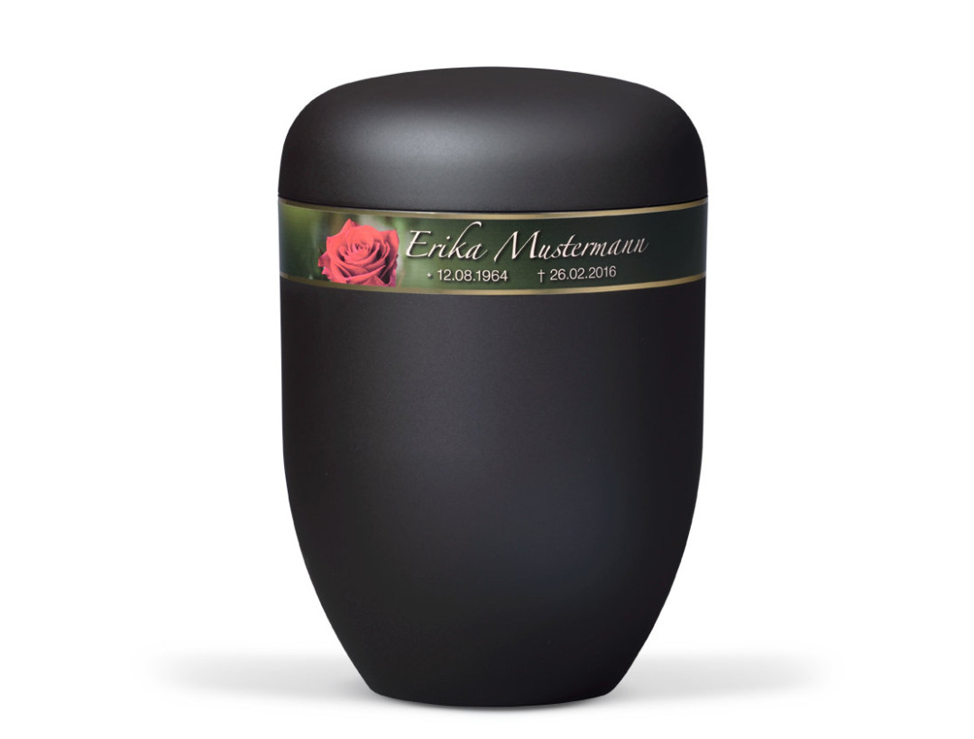 Naturstoffurne, Anthrazit Velours, Dekorband: Rosenblüte + Persönliche Sterbedaten