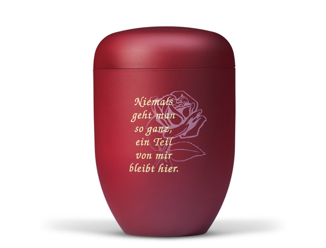 Naturstoffurne, Weinrot Velours, Airbrush Rosenblüte, Trauertext Nr. 4