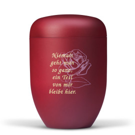 Naturstoffurne, Weinrot Velours, Airbrush Rosenblüte, Trauertext Nr. 4