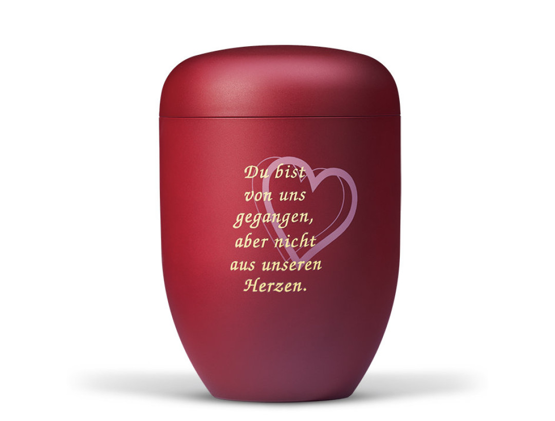 Naturstoffurne, Weinrot Velours, Airbrush Herzen, Trauertext Nr. 2
