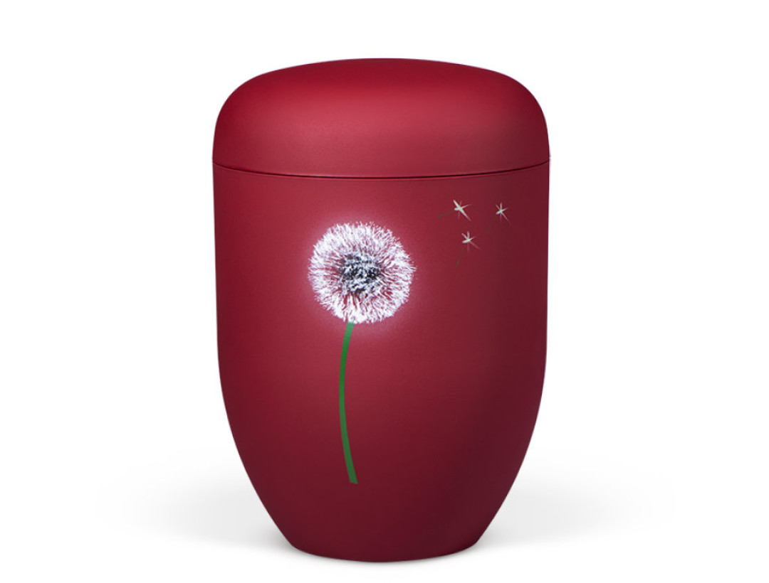 Naturstoffurne, Weinrot Velours, Airbrush Pusteblume