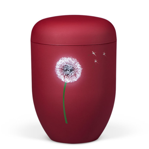 Eine weinrote Naturstoffurne mit mattem Velours-Finish, verziert mit einer Airbrush-Darstellung einer Pusteblume und kleinen, weißen Sternen.