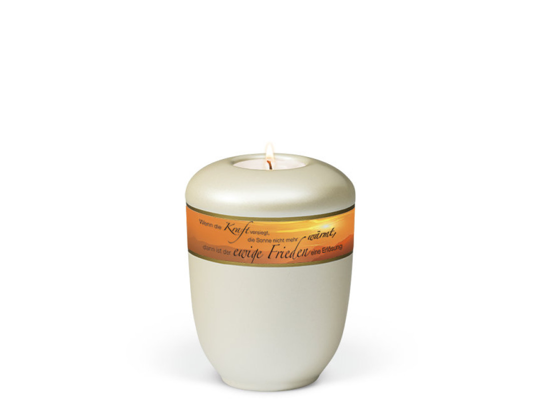 Keramikurne, Cremeweiß Perlmutt, Dekorband Trauertext 11 Gedenkurne mit Teelicht