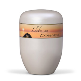 Naturstoffurne, Cremeweiß Perlmutt, Dekorband Stille, Trauertext 12
