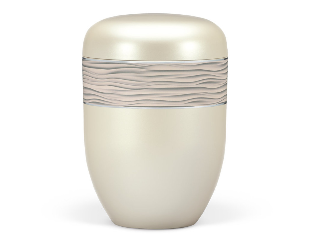 Naturstoffurne, Cremeweiß Perlmutt, Dekorband Wellenmuster