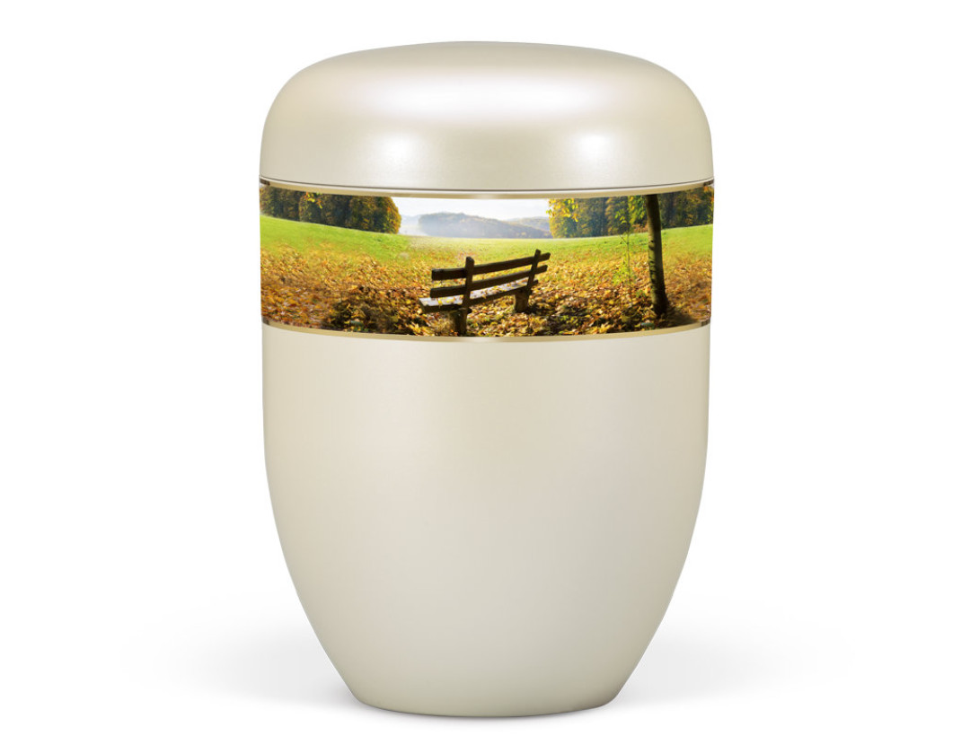 Naturstoffurne, Cremeweiß Perlmutt, Dekorband Parklandschaft
