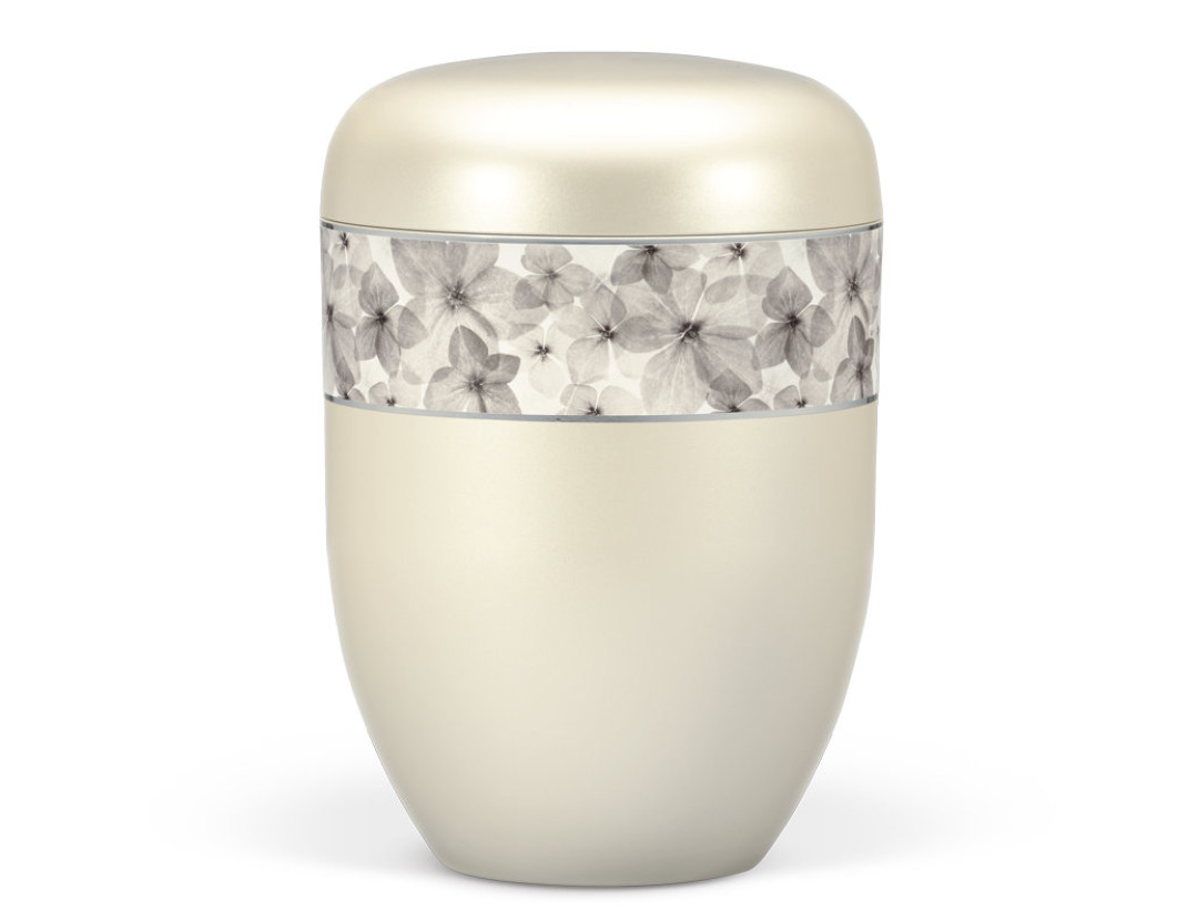 Naturstoffurne, Cremeweiß Perlmutt, Dekorband Blüten