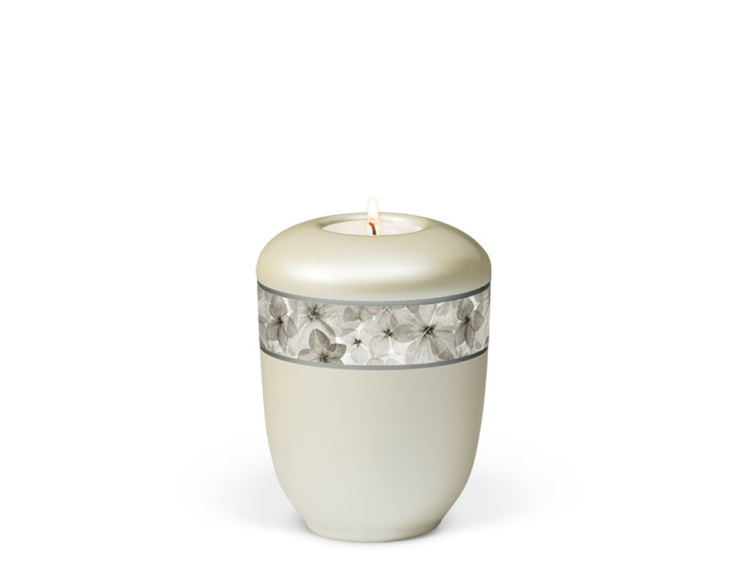 Keramikurne, Cremeweiß Perlmutt, Dekorband Blüten Gedenkurne mit Teelicht