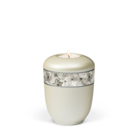 Keramikurne, Cremeweiß Perlmutt, Dekorband Blüten Gedenkurne mit Teelicht