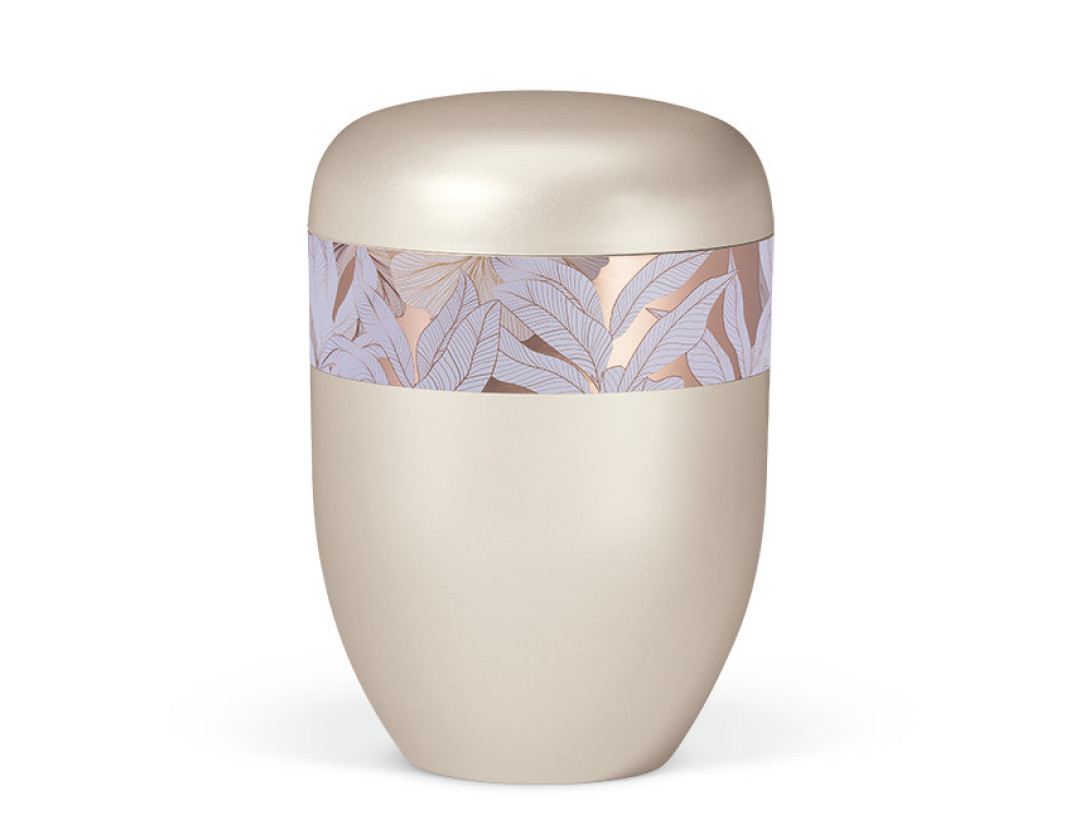 Naturstoffurne, Cremeweiß Perlmutt, Rosé Gold, Dekor Blätter