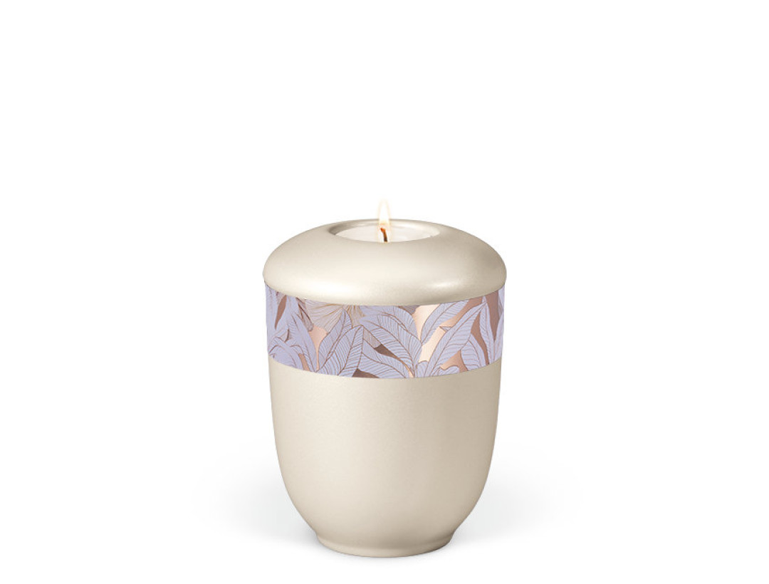 Keramikurne, Cremeweiß Perlmutt, Rosé Gold, Dekor Blätter Gedenkurne mit Teelicht