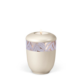 Keramikurne, Cremeweiß Perlmutt, Rosé Gold, Dekor Blätter Gedenkurne mit Teelicht