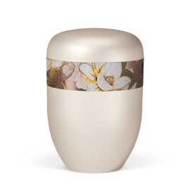 Naturstoffurne, Cremeweiß Perlmutt, Rosé Gold, Dekor Magnolia