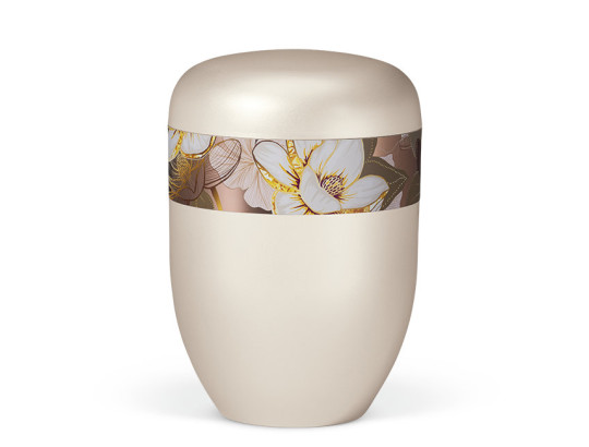 Naturstoffurne, Cremeweiß Perlmutt, Rosé Gold, Dekor Magnolia