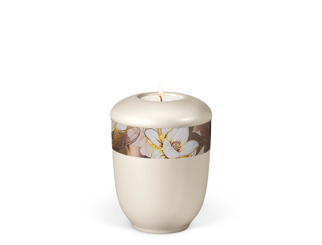 Keramikurne, Cremeweiß Perlmutt, Rosé Gold, Dekor Magnolia Gedenkurne mit Teelicht
