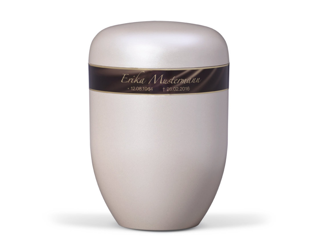 Naturstoffurne, Cremeweiß Perlmutt, Dekorband Braun-Gold pat., Persönl Sterbedaten