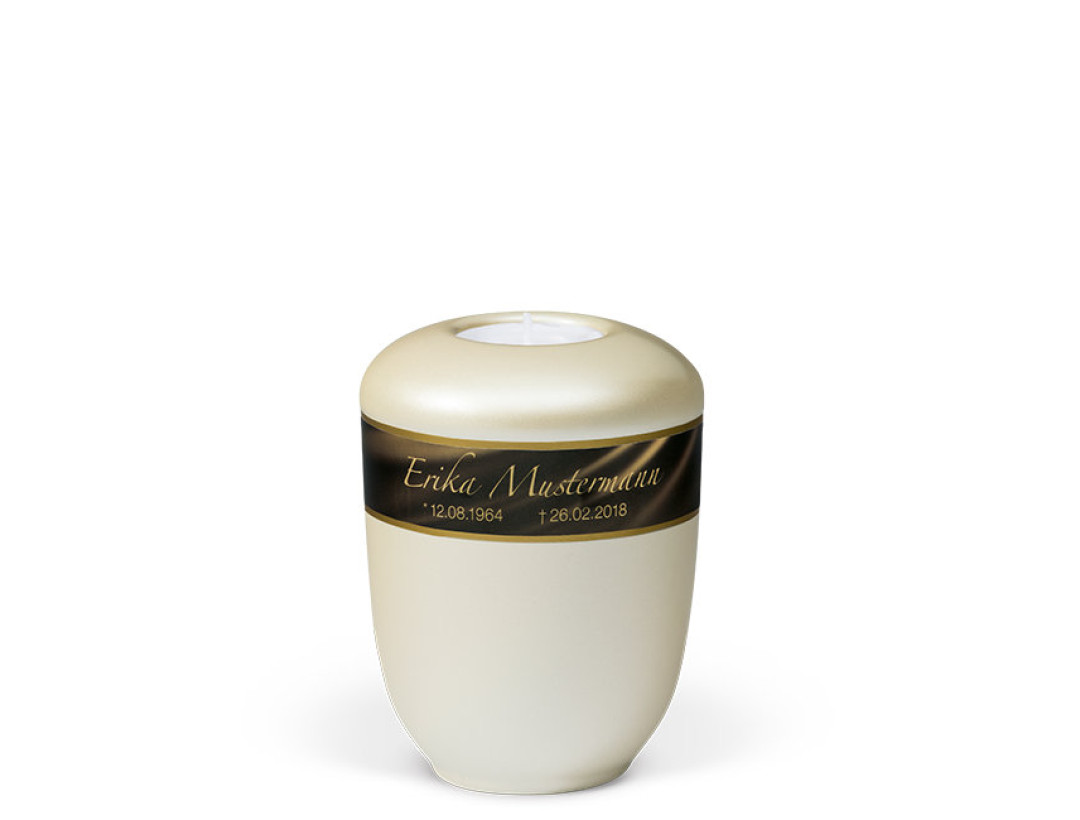 Keramik, Cremeweiß Perlmutt Dekorband: Braun-Gold pat. Persönl. Sterbedaten