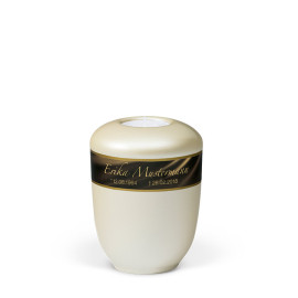 Keramik, Cremeweiß Perlmutt Dekorband: Braun-Gold pat. Persönl. Sterbedaten