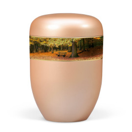 Naturstoffurne, Fishsilber- Apricot, Dekorband Waldlandschaft