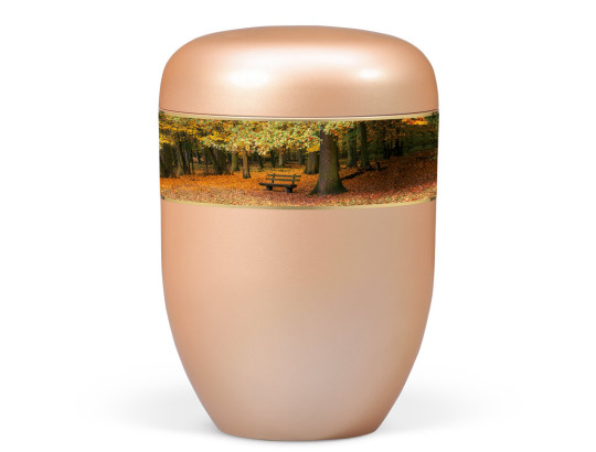 Naturstoffurne, Fishsilber- Apricot, Dekorband Waldlandschaft