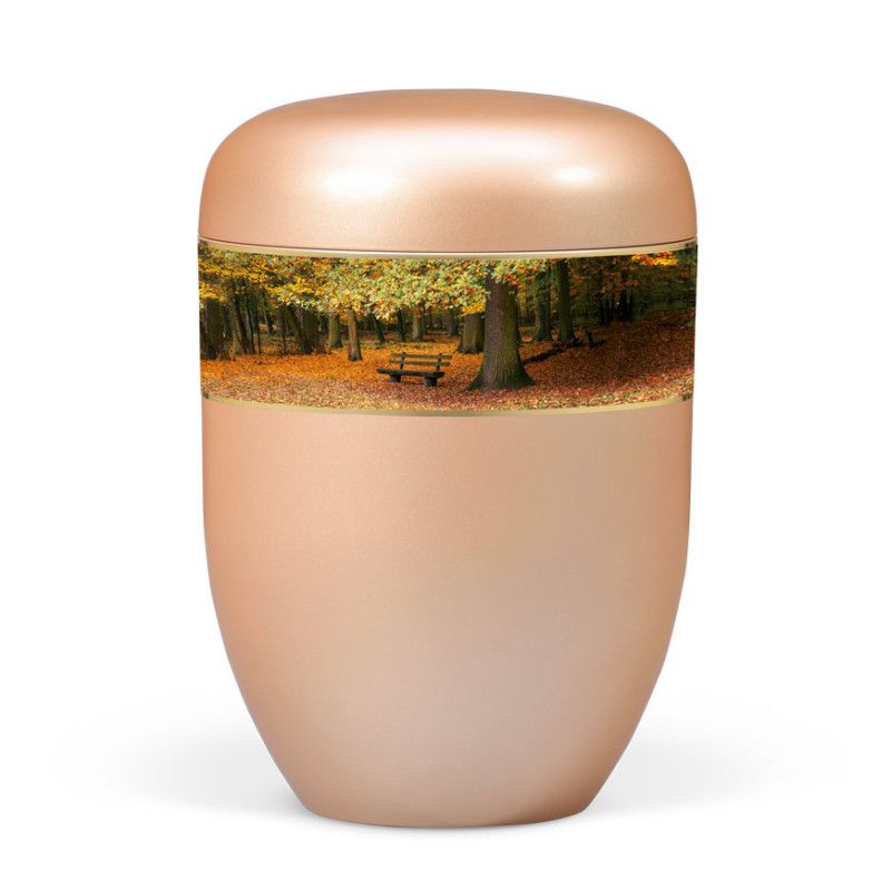 Naturstoffurne, Fishsilber- Apricot, Dekorband Waldlandschaft
