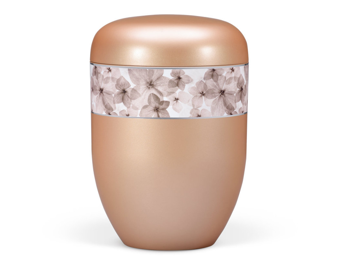 Naturstoffurne, Fishsilber- Apricot, Dekorband Blüten