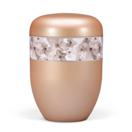 Naturstoffurne, Fishsilber- Apricot, Dekorband Blüten