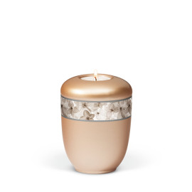 Keramikurne, Fishsilber- Apricot, Dekorband Blüten Gedenkurne mit Teelicht