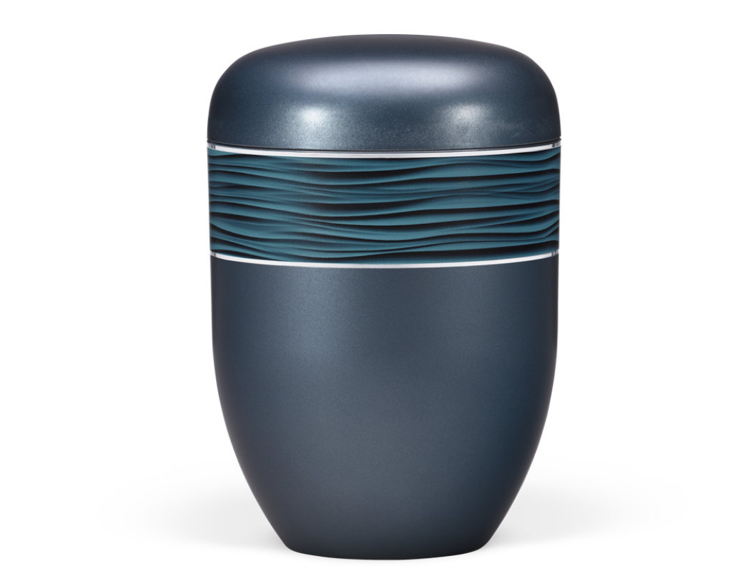 Naturstoffurne, Blau Perlmutt, Dekorband Wellenmuster