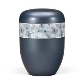 Naturstoffurne, Blau Perlmutt, Dekorband Blüten