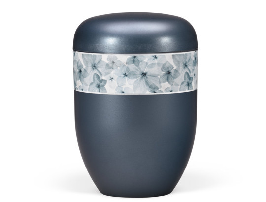 Naturstoffurne, Blau Perlmutt, Dekorband Blüten