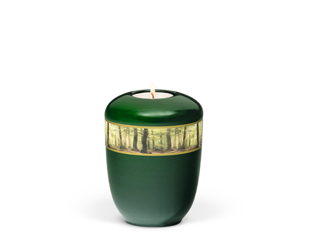 Keramikurne, Moosgrün, Dekorband Waldlichtung Gedenkurne mit Teelicht